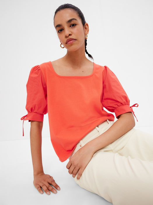 Puffed Tie-Sleeve Top - fire coral red