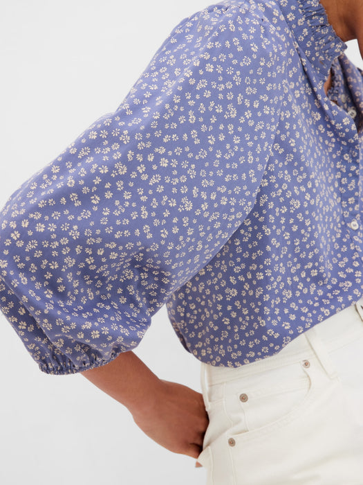 Puff Sleeve Mockneck Shirt - blue floral