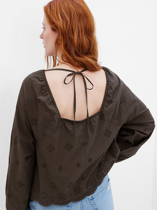 Balloon Sleeve Eyelet Top - brown noir