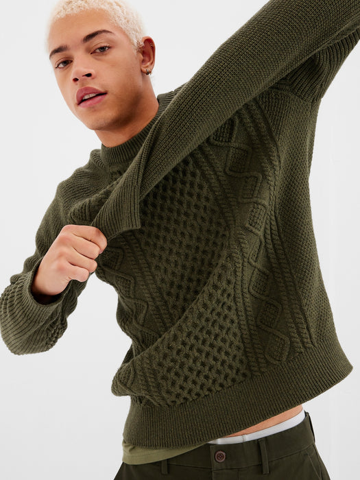 Cable-Knit Crewneck Sweater - army jacket green