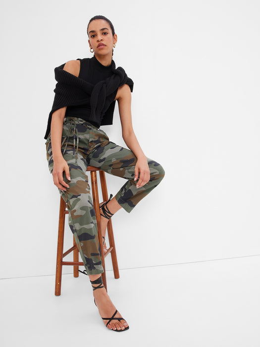 High Rise Pleated Cargo Pants with Washwell - green camo