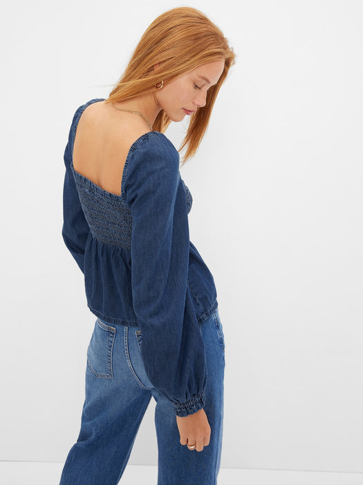 Denim Smocked Peplum Top with Washwell