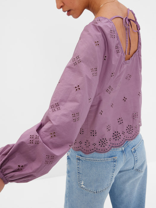 Balloon Sleeve Eyelet Top - amethyst purple