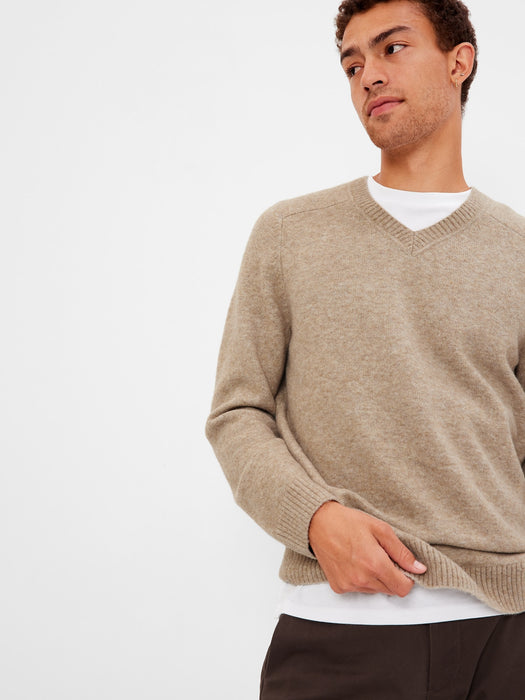 Recycled V-Neck Sweater - khaki heather