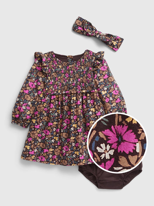 Baby Smocked Floral Dress Set - brown ditsy floral