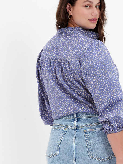 Puff Sleeve Mockneck Shirt - blue floral