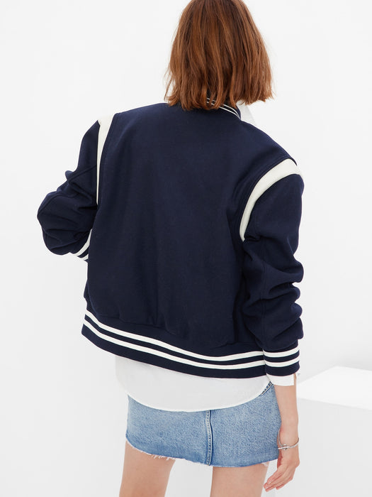 Recycled Wool Blend Varsity Jacket - navy blue