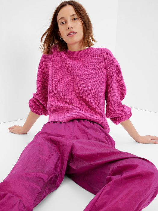 Shaker-Stitch Balloon Sleeve Sweater - fuchsia pink