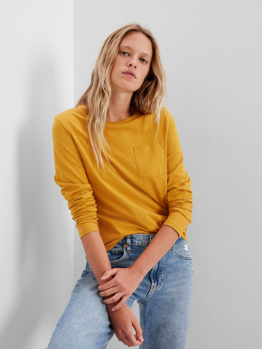 100% Organic Cotton Vintage Long Sleeve Pocket T-Shirt - golden yellow