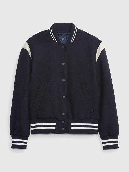 Recycled Wool Blend Varsity Jacket - navy blue