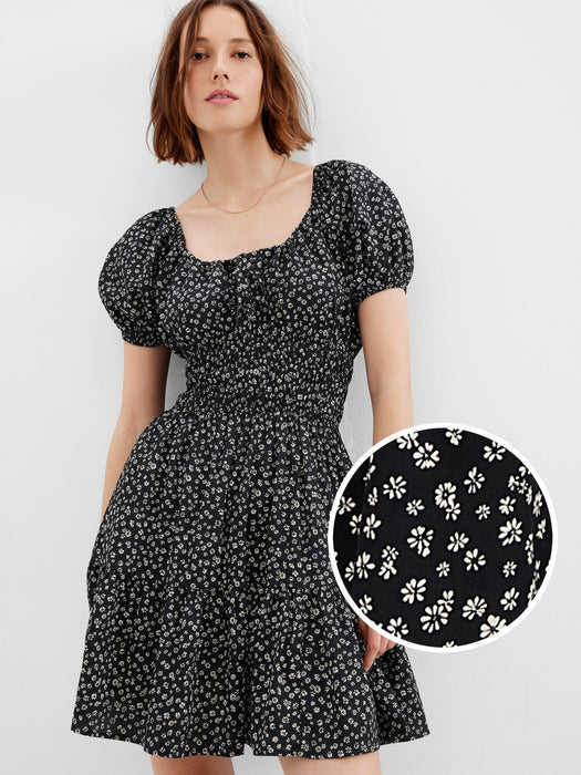 Tie-Front Smocked Waist Mini Dress - black ditsy floral