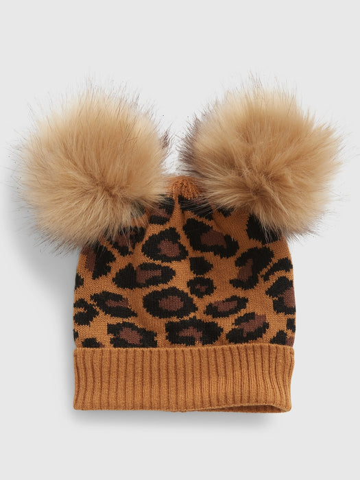 Toddler Double Pom Leopard Beanie - leopard print brown