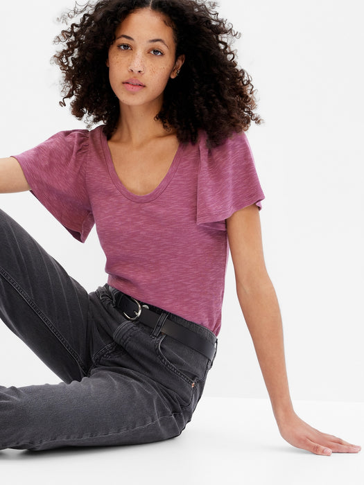 Rib Flutter Sleeve T-Shirt - damson pink