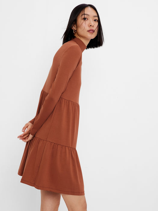 Modern Mockneck Tiered Mini Dress - saddle brown