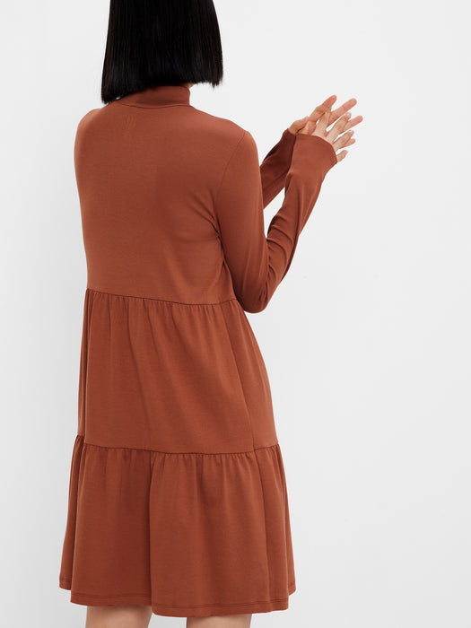 Modern Mockneck Tiered Mini Dress - saddle brown