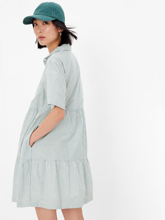 Tiered Mini Shirtdress - olive green stripe