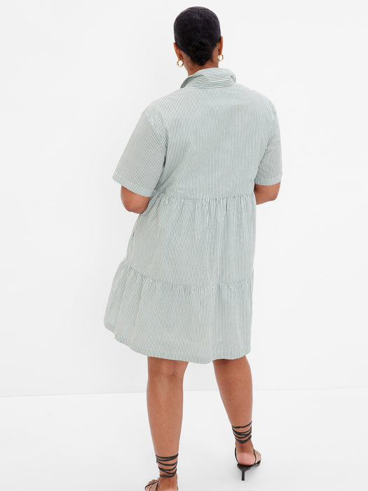 Tiered Mini Shirtdress - olive green stripe