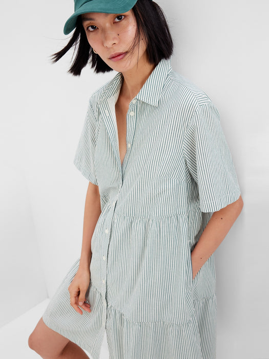 Tiered Mini Shirtdress - olive green stripe