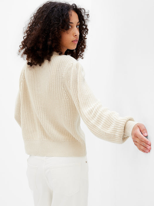 Shaker-Stitch Balloon Sleeve Sweater