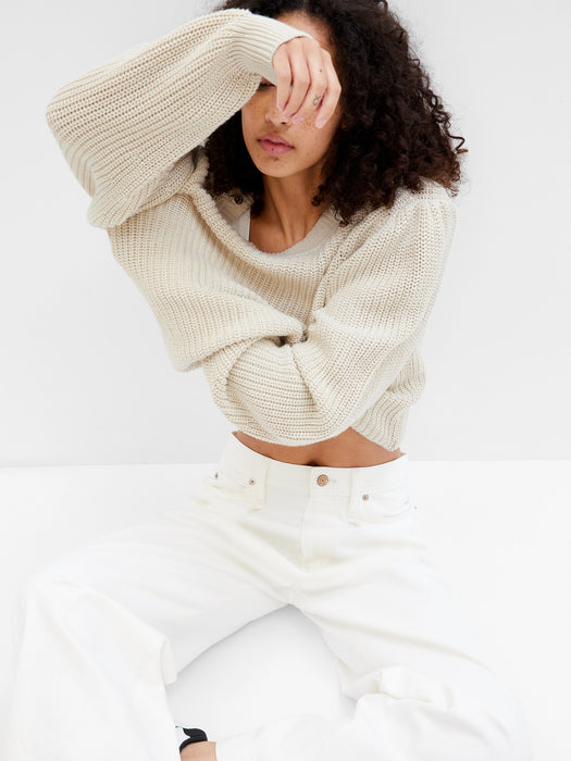 Shaker-Stitch Balloon Sleeve Sweater