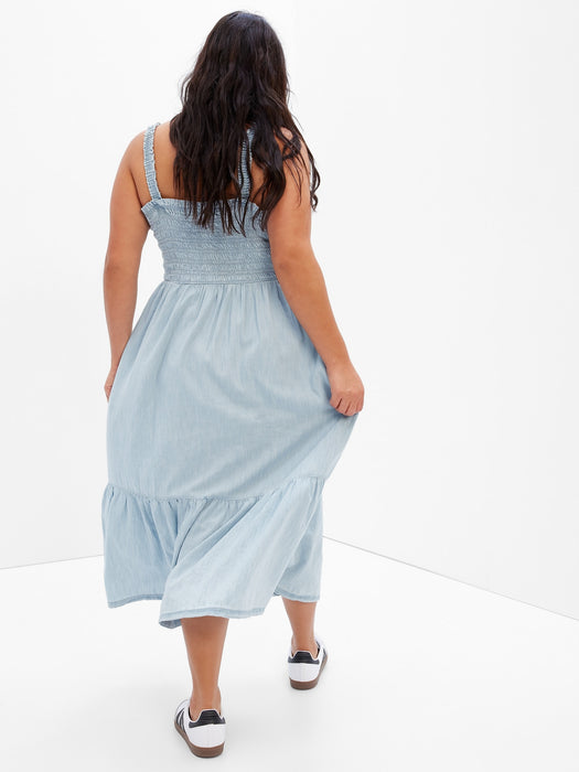 Denim Smocked Tiered Midi Dress with Washwell