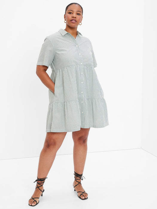 Tiered Mini Shirtdress - olive green stripe