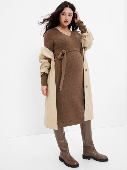 Maternity Belted Midi Sweater Dress - cozy brown