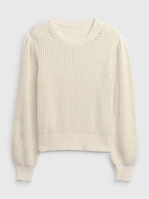 Shaker-Stitch Balloon Sleeve Sweater