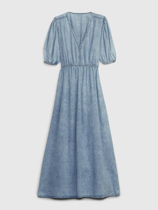 Denim Blouson Cutout Maxi Dress with Washwell