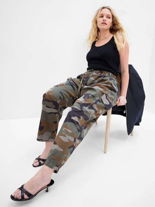 High Rise Pleated Cargo Pants with Washwell - green camo