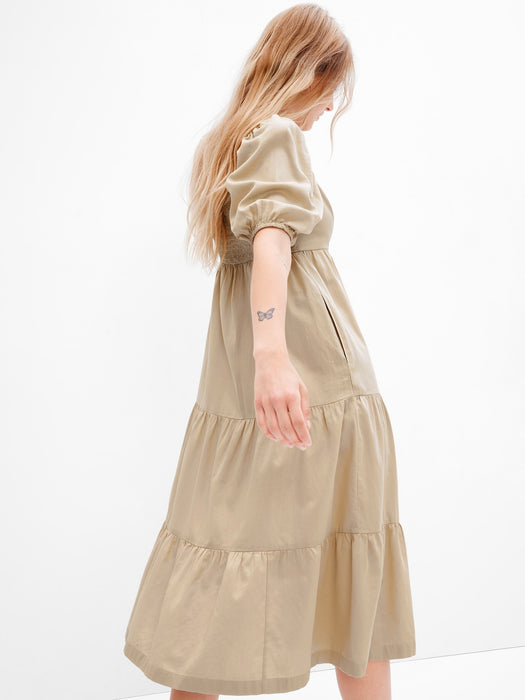 Puff Tiered Midi Dress - sand khaki tan