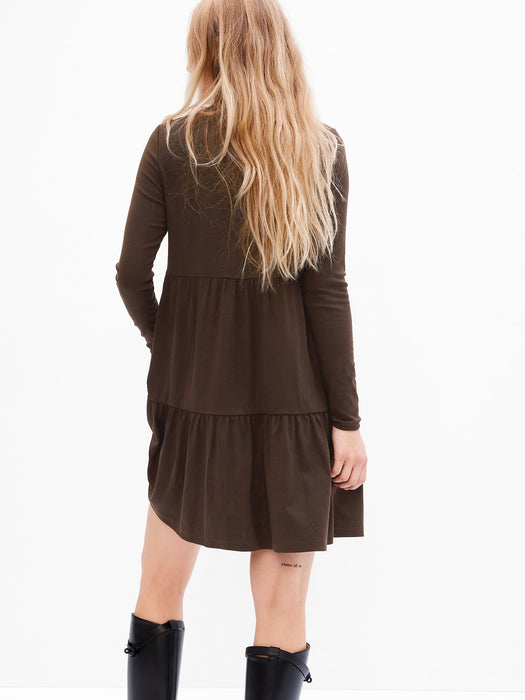 Modern Mockneck Tiered Mini Dress - brown noir