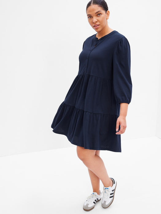 Puff Tiered Mini Dress - navy blue