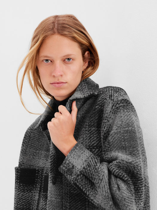 Oversized Wool-Blend Shirt Jacket - grey & black plaid