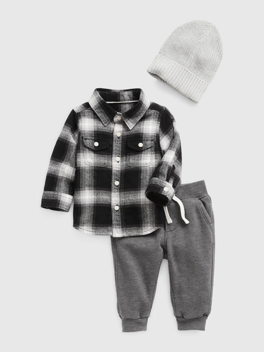 Baby 3-Piece Outfit Set - black white plaid