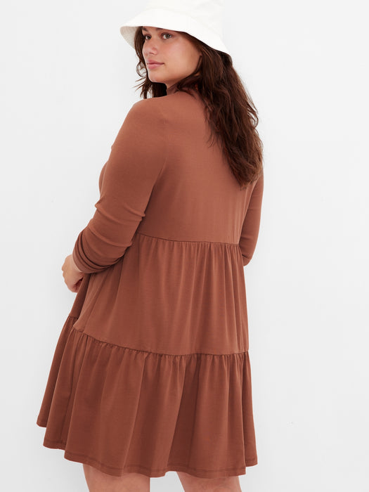 Modern Mockneck Tiered Mini Dress - saddle brown