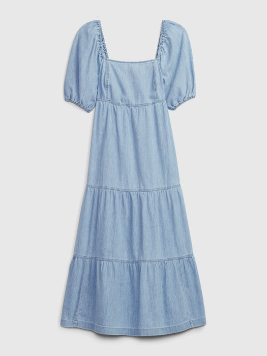 Denim Tiered Puff Midi Dress with Washwell - light wash