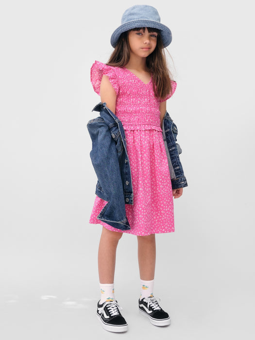 Kids Smocked Floral Dress - pink ditsy floral