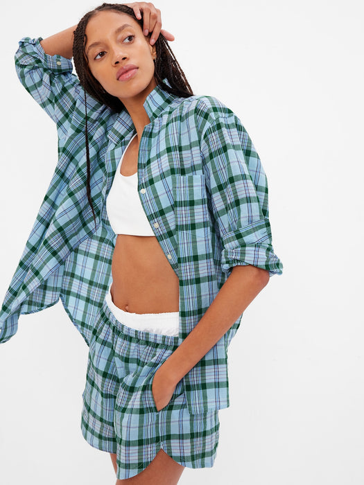 Plaid Crepe Pull-On Shorts - blue plaid