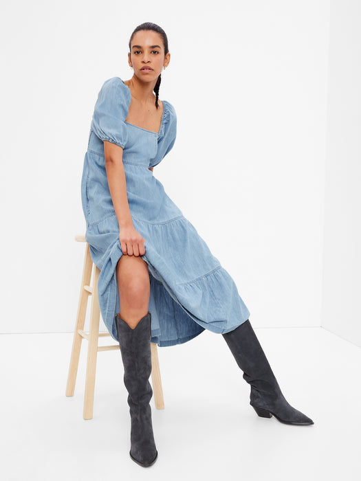 Denim Tiered Puff Midi Dress with Washwell - light wash