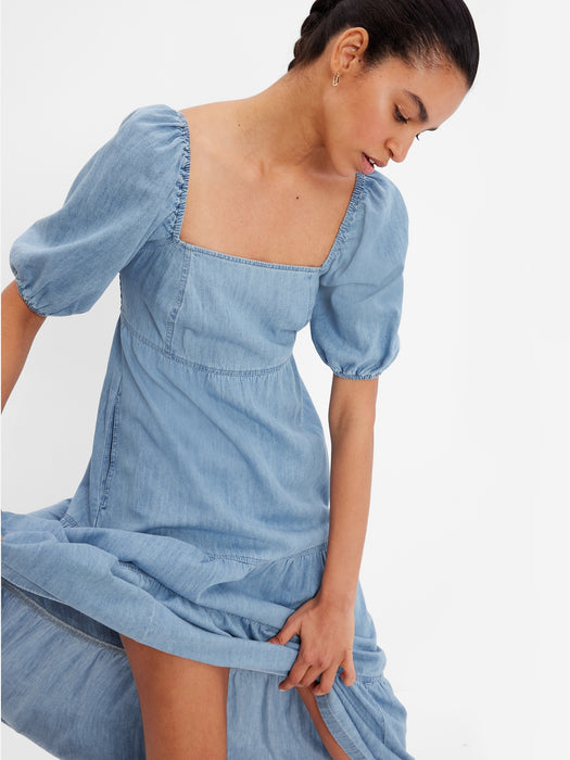 Denim Tiered Puff Midi Dress with Washwell - light wash