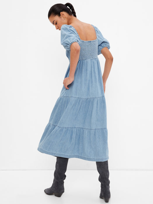 Denim Tiered Puff Midi Dress with Washwell - light wash