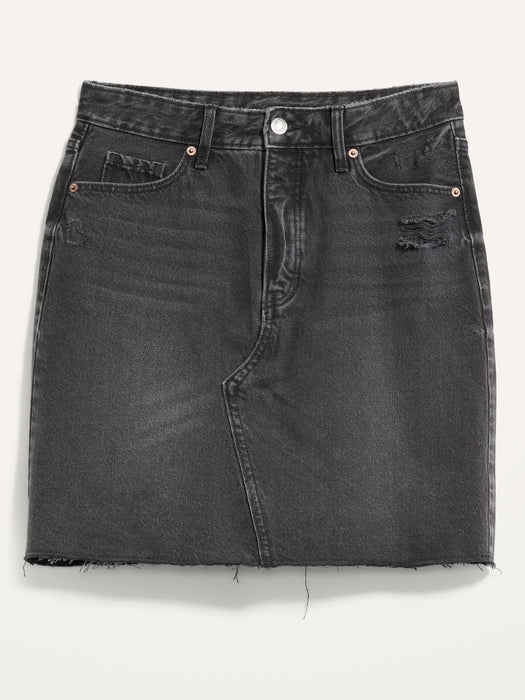 Higher High-Waisted Button-Fly Black Frayed-Hem Jean Skirt for Women