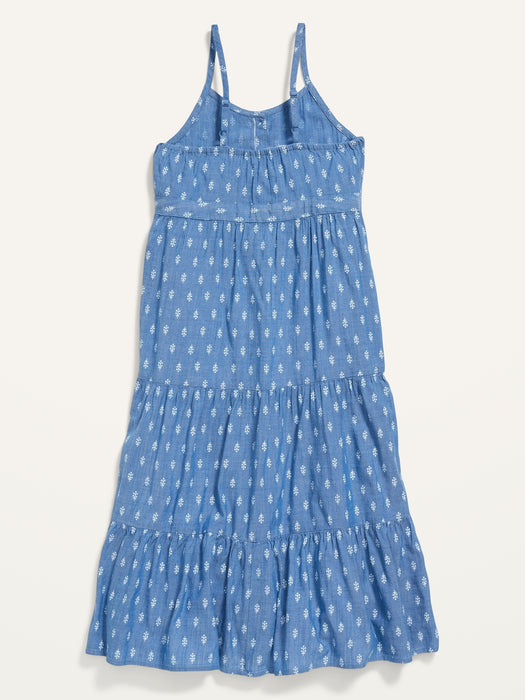 Sleeveless Button-Front Tiered Matching Print Midi Dress for Girls