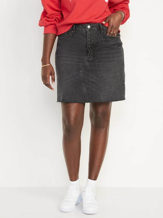 Higher High-Waisted Button-Fly Black Frayed-Hem Jean Skirt for Women