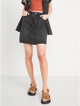 Higher High-Waisted Button-Fly Black Frayed-Hem Jean Skirt for Women