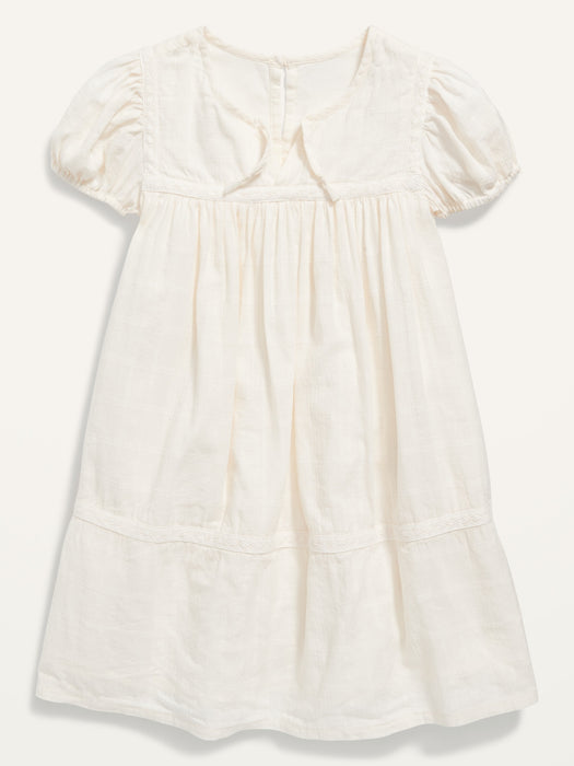 Crochet-Trim Dobby Tie-Neck Dress for Toddler Girls - White
