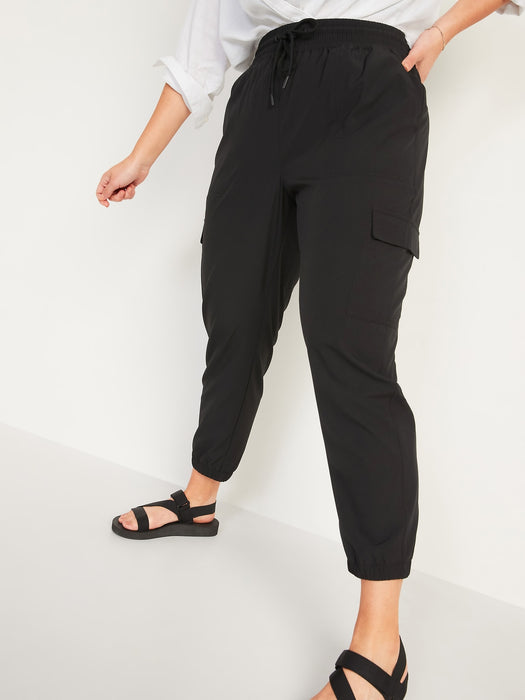 High-Waisted StretchTech Cargo Jogger Pants for Women - Black