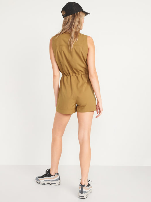 StretchTech Sleeveless Zip-Front Cargo Romper for Women -- 3-inch inseam