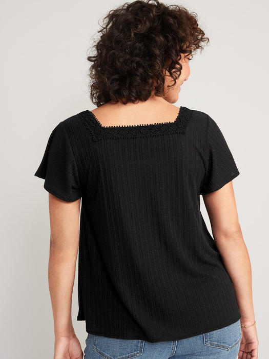 Maternity Pointelle-Knit Lace-Trim Short-Sleeve Top - Black